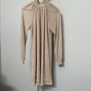 Elegant sheer slip on tan gold shimmery dots, long sleeve dress. Sz S.